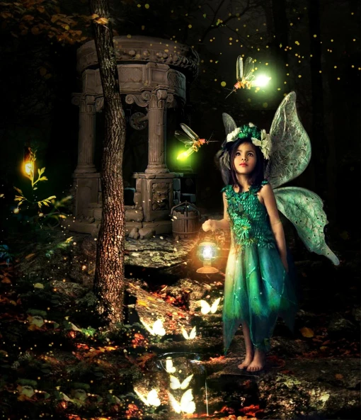 a little girl dressed up in a fairy costume, a digital rendering, inspired by Ida Rentoul Outhwaite, cg society contest winner, glowing lanterns, good lighted photo, enchanted forest tower, green magic