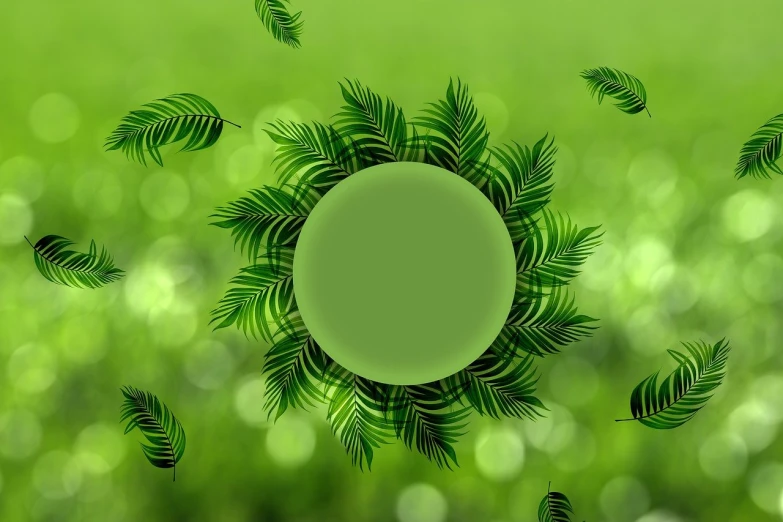 a bunch of green leaves flying in the air, a picture, art deco, round background, natural grassy background, palm skin, mirror background