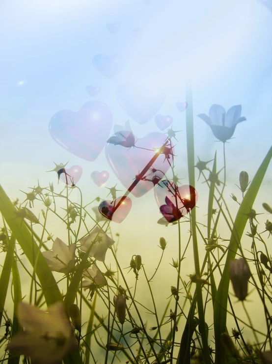 a dragonfly sitting on top of a lush green field, romanticism, several hearts, double exposure of love, glass flowers, high res photo