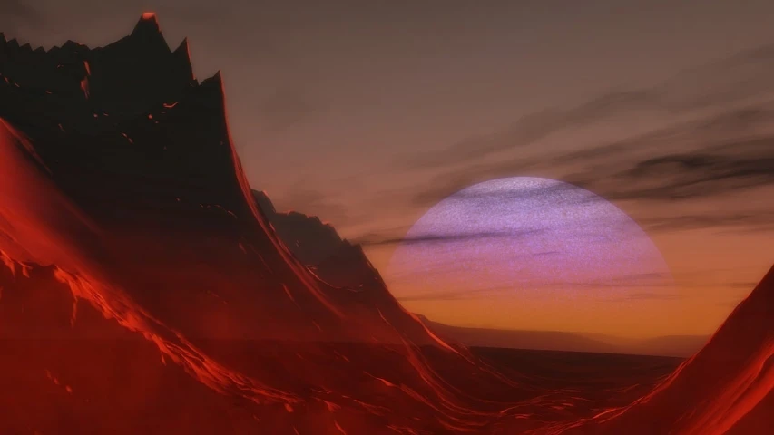 an artist's rendering of an alien landscape, inspired by John Martin, polycount contest winner, glowing magma sphere, vaporwave sunset, terragen, 4 k detail fantasy