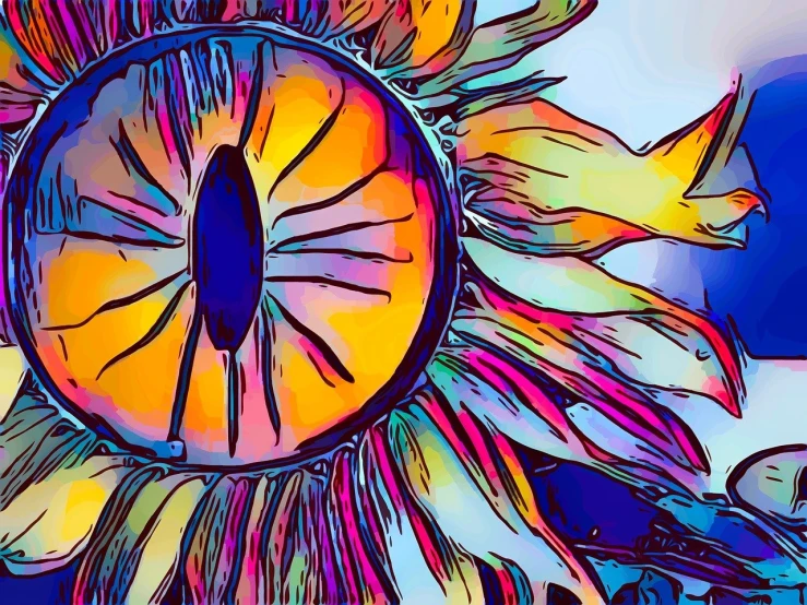 a drawing of a sunflower with a blue sky in the background, a digital painting, psychedelic art, eye closeup, multicolored vector art, eye fish lens, violet polsangi pop art