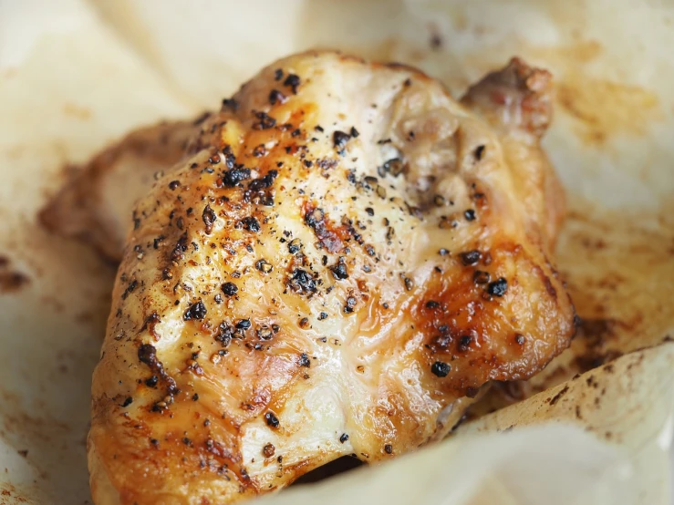 a close up of a piece of chicken in a pan, by Adam Manyoki, renaissance, parchment paper, 4k high res, close up half body shot, woodfired