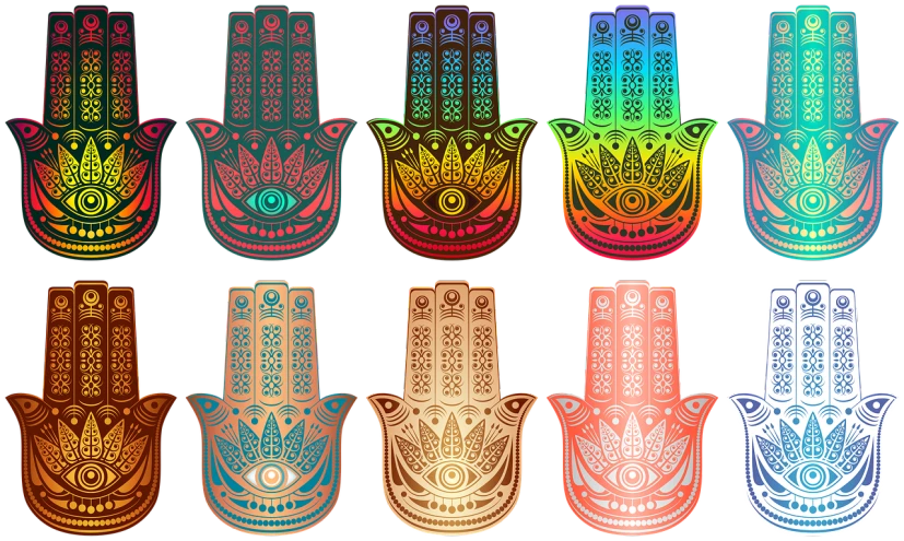 a set of colorful hamsa hand painted on a black background, vector art, illustrator vector graphics, stained glass tarot style, 6 colors, palm pattern visible