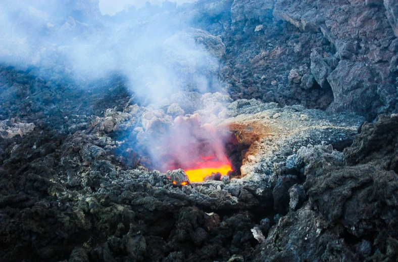 a close up of a volcano with smoke coming out of it, by Dietmar Damerau, pexels, hurufiyya, the great door of hell, flora-lush-crater, flame stones are scattered, saturno buttò