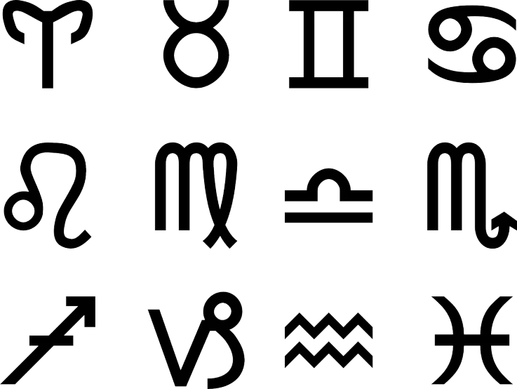 a set of zodiac signs on a black background, a screenshot, by Robert Jacobsen, tumblr, ascii art, photography of kurzgesagt, taken on iphone 14 pro, icon pattern, bridges