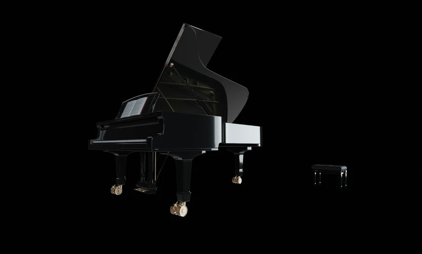 a black piano sitting on top of a black floor, a 3D render, pixabay, bauhaus, front side views full, concept art-h 640, top and side view, light lighting side view