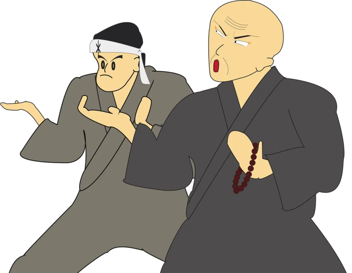a couple of men standing next to each other, vector art, inspired by Kaigetsudō Anchi, fisting monk, bald man, wikihow illustration, close-up fight
