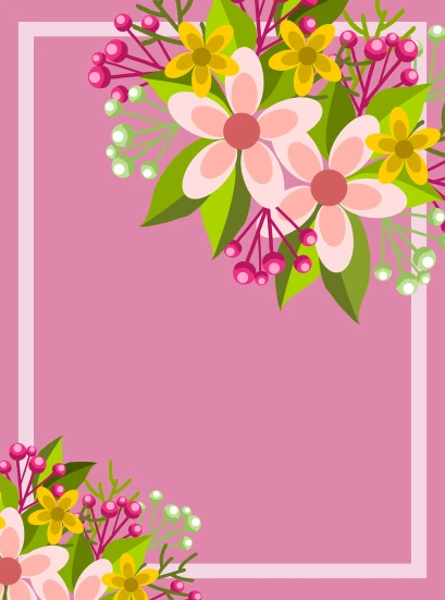a picture of a bunch of flowers on a pink background, rasquache, whole page illustration, card frame, courful illustration, flat - color