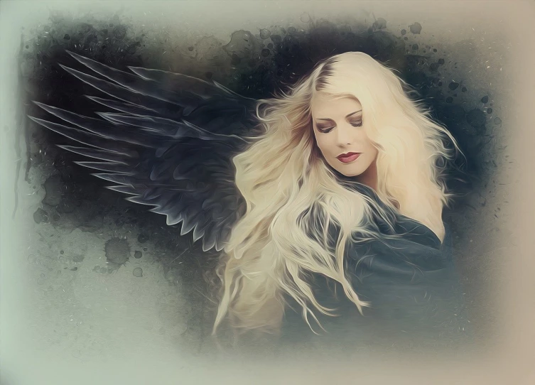 a woman with long blonde hair and black wings, trending on pixabay, digital art, in the style of an oil painting, old photo style, realistic artstyle, photoshoped