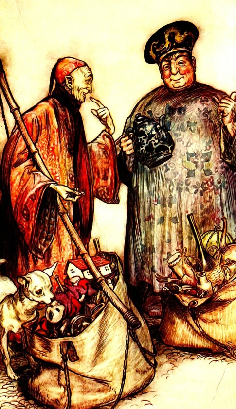 a drawing of two men standing next to each other, a storybook illustration, by Arthur Rackham, cloisonnism, death of the money lenders, closeup shot, wearing gilded red robes, ((oversaturated))