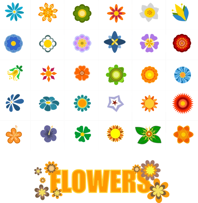 a bunch of flowers on a black background, vector art, by Aleksander Kotsis, flickr, pop art, icon pack, super detail of each object, colorful flat design, 3 2 x 3 2