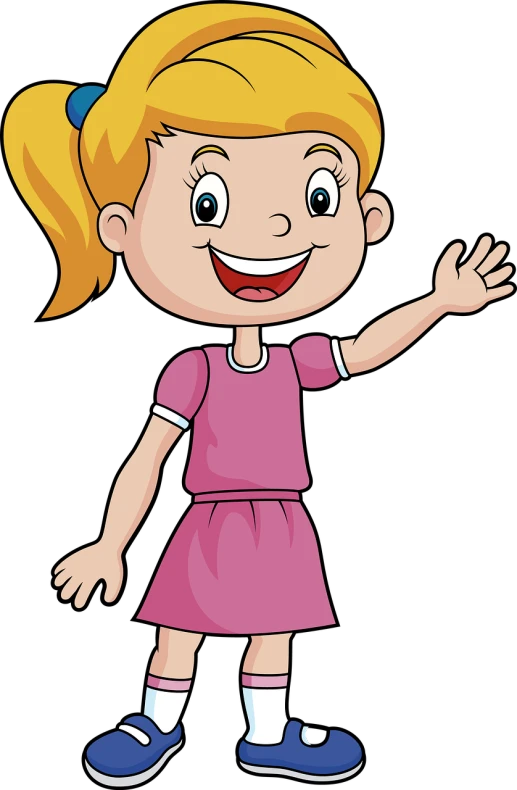 a cartoon girl in a pink dress waving, shutterstock, standing with a black background, young child, short smile, added detail
