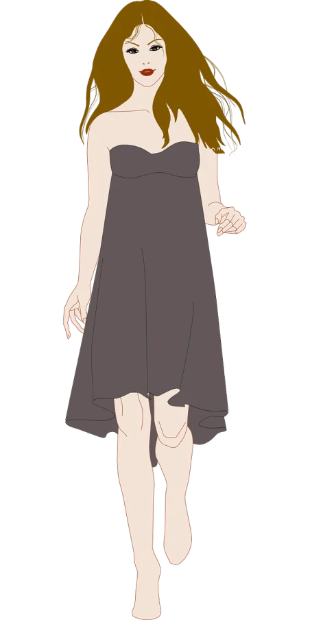 a woman in a dress walking down a runway, lineart, inspired by Ayako Rokkaku, pixiv, serial art, black backround. inkscape, loosely cropped, centimeters away from my face, stylish dark dress