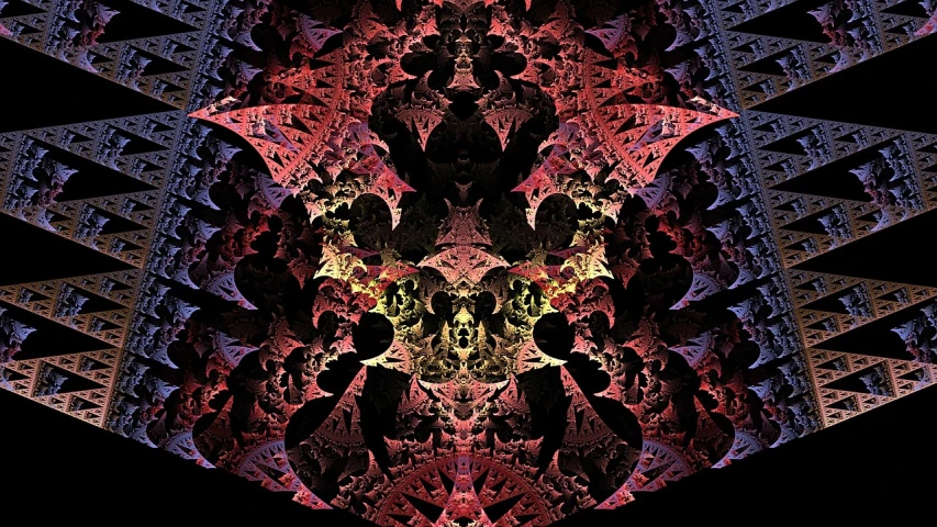 a close up of a colorful design on a black background, digital art, inspired by Benoit B. Mandelbrot, flickr, ruins of hell, intricate mask, tribal red atmosphere, central symmetrical composition