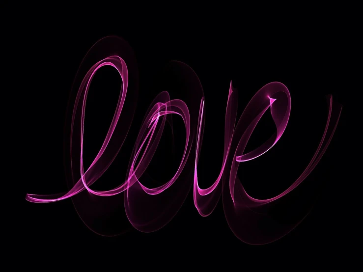 a light painting of the word love on a black background, by Andrew Domachowski, flowing pink-colored silk, soft lines, high res photo