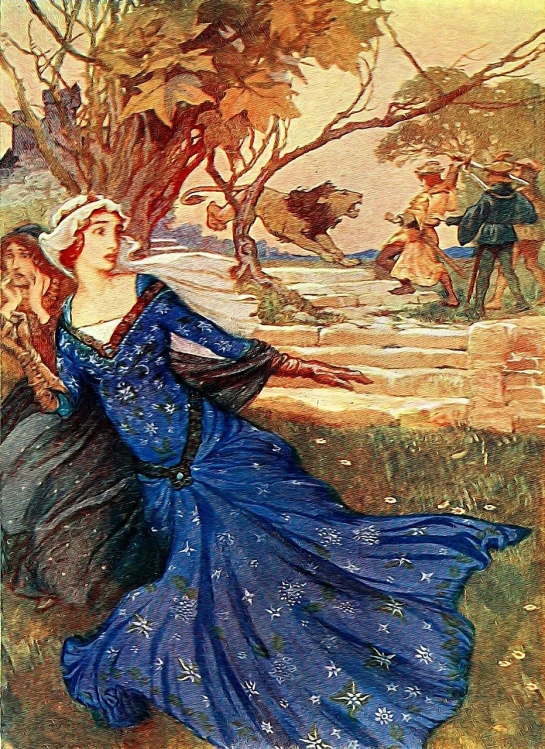 a painting of a woman in a blue dress, a storybook illustration, by Elizabeth Shippen Green, the moonlit dance of the fae, in autumn, style of john blanche, closer view