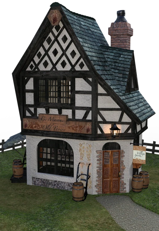 a small building sitting on top of a lush green field, an ambient occlusion render, inspired by Anton Pieck, renaissance, taverns nighttime lifestyle, mini model, official store photo, full res