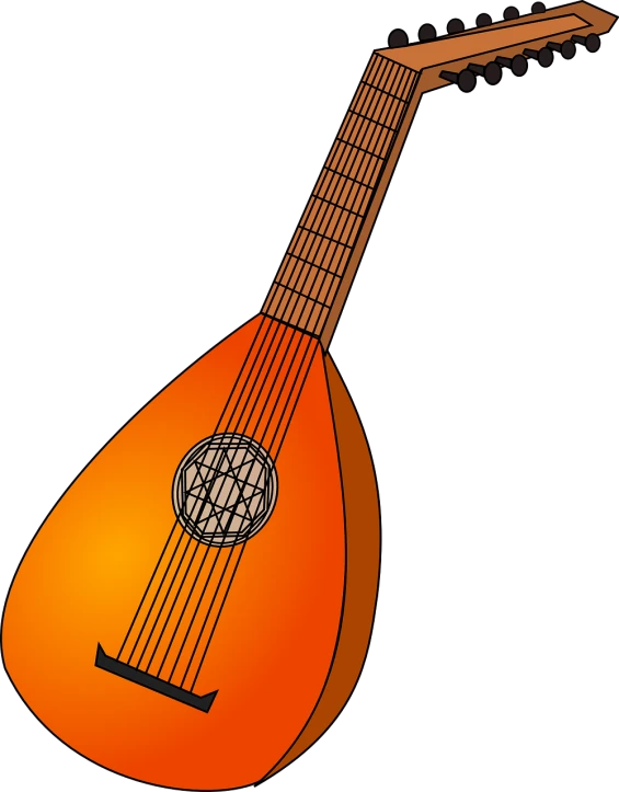 a close up of a guitar on a black background, an illustration of, hurufiyya, lute, orange body, illustration”, greek