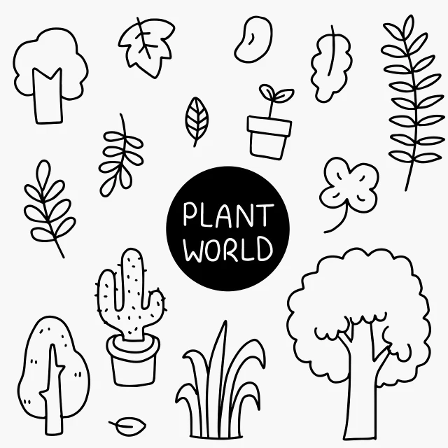 a black and white drawing of plants and trees, lineart, trending on pixabay, cute cartoon style, concept world, minimalist logo vector art, clean lineart and flat color