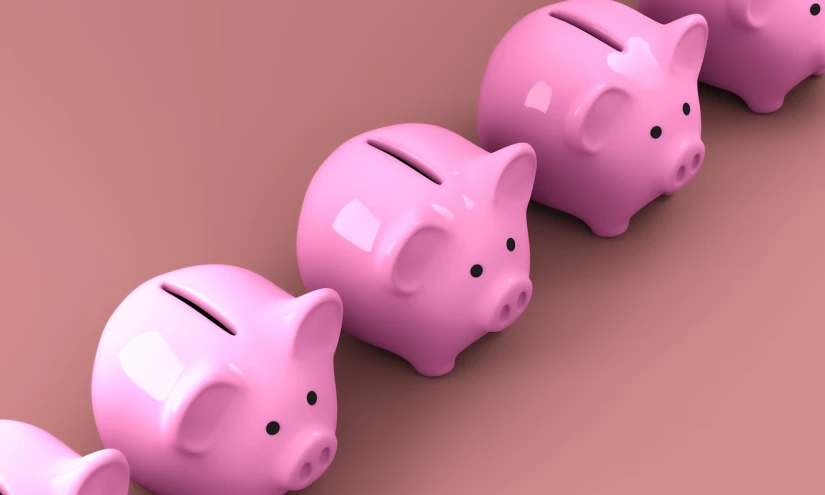 a row of pink piggy banks sitting next to each other, a digital rendering, by Julian Allen, digital art, trio, three, closeup photo, aaaaaaaaaaaaaaaaaaaaaa