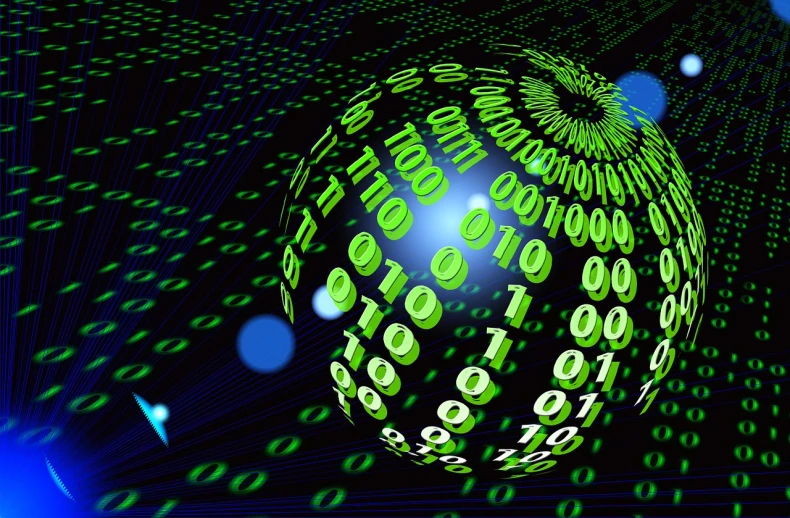 a close up of a sphere with numbers on it, a digital rendering, by Thomas Crane, pixabay, green matrix code, in front of the internet, data bending, 90s photo