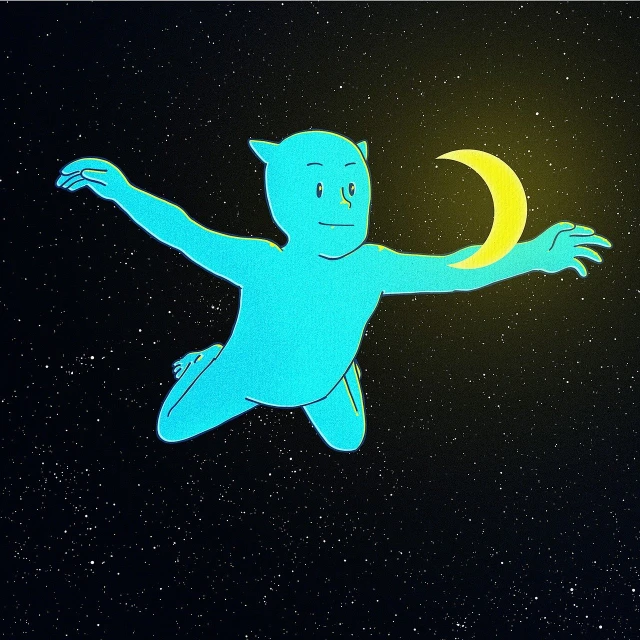 a man flying through the air next to a half moon, inspired by Michael Deforge, digital art, glowing blue face, 3d grainy aesthetic illustration, wikihow illustration, adorable glowing creature