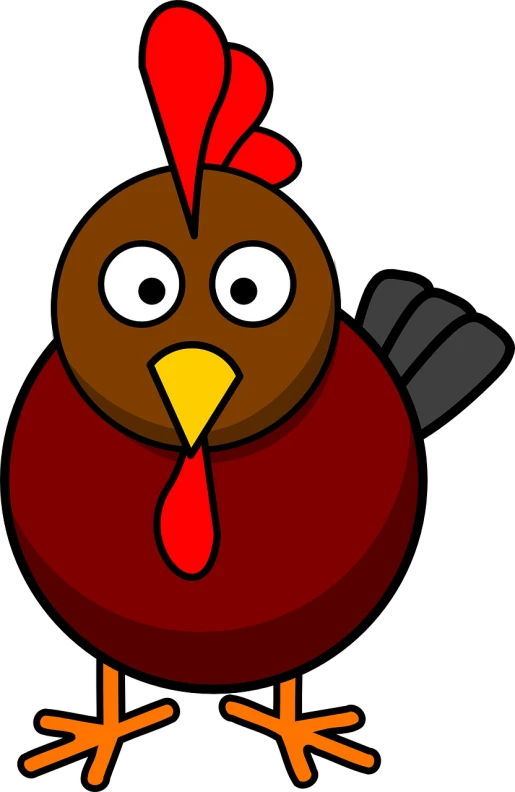 a close up of a cartoon turkey on a black background, inspired by Heinz Anger, mingei, lineless, red and brown color scheme, with a round face, rooster!!!!