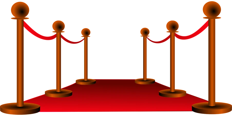 a red carpet with gold poles and a red carpet, digital art, standing with a black background, round base, a wooden, rails