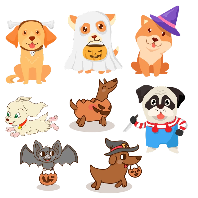 a group of cartoon dogs dressed up for halloween, vector art, on black background, digital art emoji collection, game icon asset, japanese cartoon style