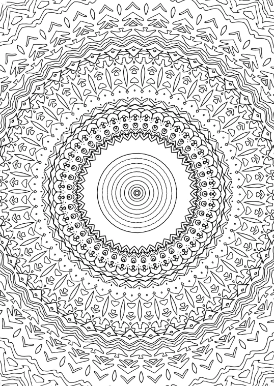 a coloring page with a circular design in black and white, a detailed drawing, abstract illusionism, mandala ornament, an abstract spiritual background, hand drawn illustration, subtle and detailed