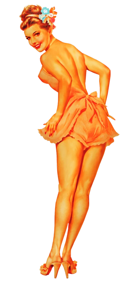 a woman in an orange dress posing for a picture, a digital rendering, by Alberto Vargas, flickr, burlesque psychobilly, banner, legs visible, soft glow