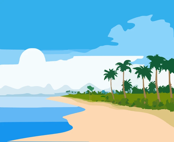 a picture of a beach with palm trees, an illustration of, inspired by Emiliano Ponzi, shutterstock, flat vector art background, 4 k hd wallpaper illustration, cartoon style illustration, miami. illustration