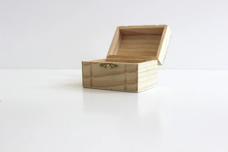 a small wooden box on a white surface, a picture, mina petrovic, sideview, cross hatch, twins
