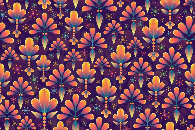 a colorful floral pattern on a purple background, concept art, inspired by Victor Moscoso, 9 peacock tails, autumn leaves background, shiny background, ornate patterned people