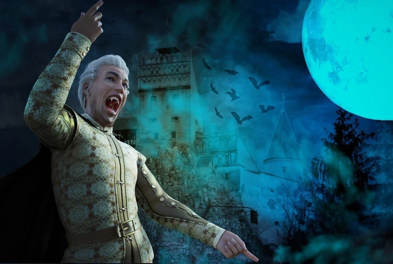 a man in a costume standing in front of a full moon, inspired by Charles Gleyre, fantasy art, he is screaming, 3 d render of jerma 9 8 5, dracula's castle, white hair floating in air