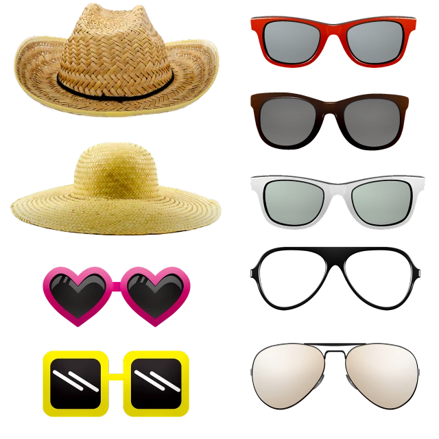 a variety of sunglasses and hats on a black background, vector art, straw, asset pack, vacation photo, various pose