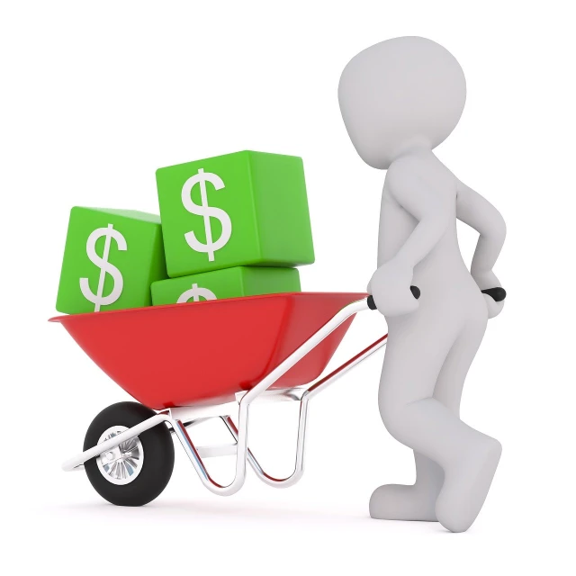 a person pushing a wheelbarrow with dollar signs on it, cgtrader, sales, white, operation