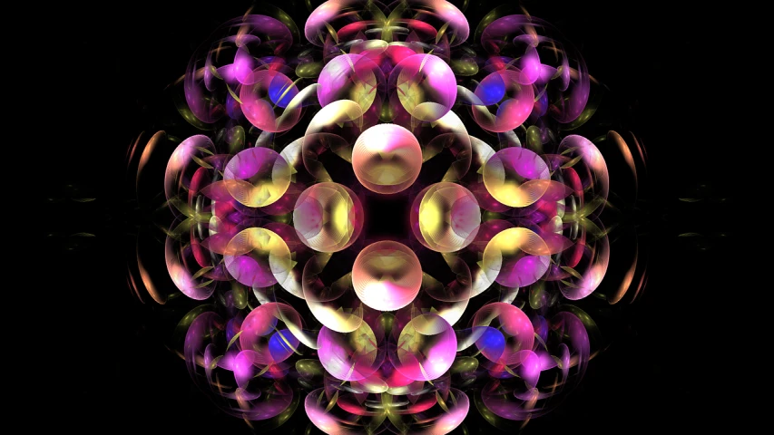 a computer generated image of bubbles on a black background, a digital rendering, flickr, generative art, mandalas, colorful refractive adornments, symetrical japanese pearl, translucent orbs