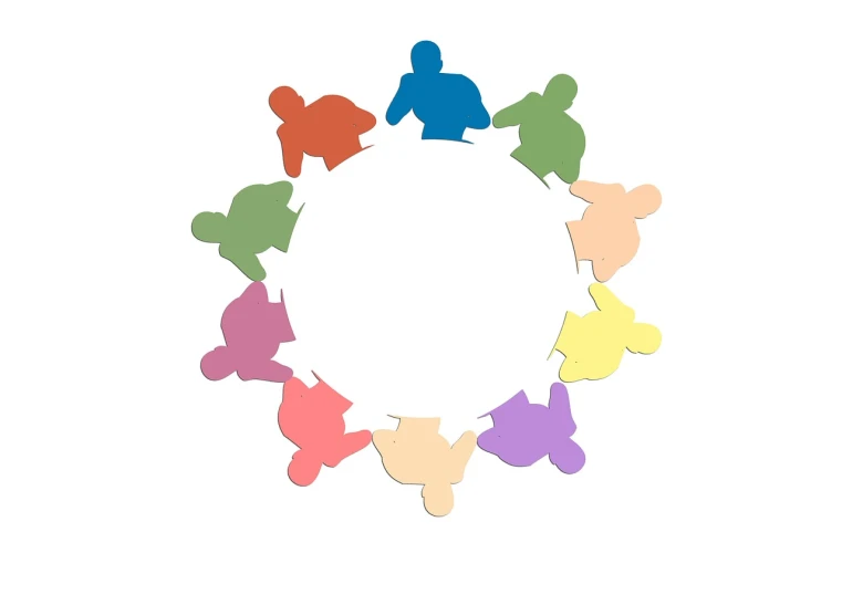 a group of people holding hands in a circle, by Susan Heidi, anthropomorphic turtle humanoid, pastel palette silhouette, logo for a social network, childrens toy