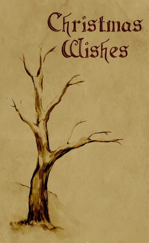 a drawing of a tree with the words christmas wishes written on it, an album cover, inspired by Wojciech Weiss, tumblr contest winner, conceptual art, gloomy medieval background, sparse bare trees, background image, sepia colors