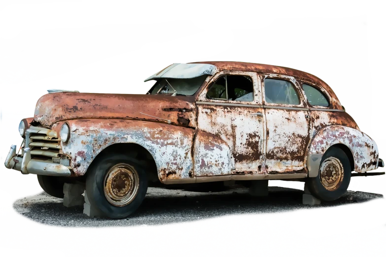 an old rusted car parked in a parking lot, a colorized photo, inspired by Otto Eckmann, auto-destructive art, 1 9 3 7 pontiac sedan, digital collage, taken in the early 2020s, j. dickenson