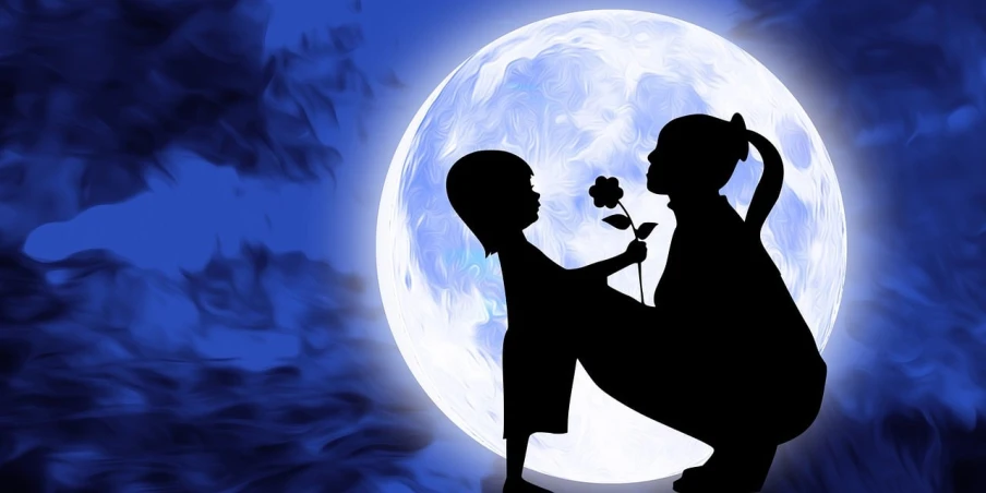 a silhouette of a person holding a flower in front of a full moon, a digital rendering, by Martina Krupičková, pixabay, with a kid, rendering a blue rose, flirting, mom