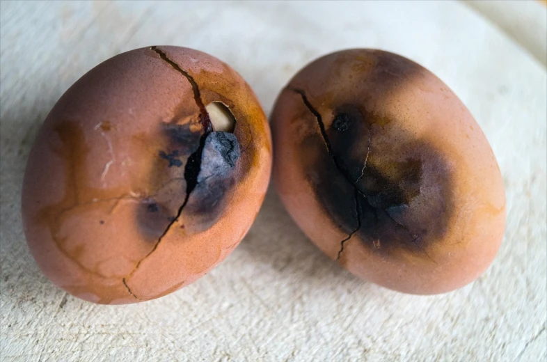 a couple of fruit sitting on top of a table, flickr, mingei, brown holes, egg, photo of poor condition, rotting black clay skin