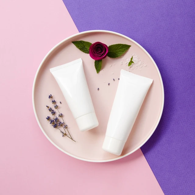 two white tubes sitting on top of a pink and purple plate, a portrait, shutterstock, photoshoot for skincare brand, flowers around, elegant sleek smooth body, knolling