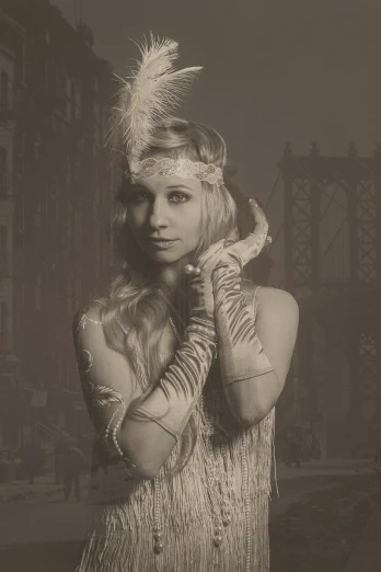a black and white photo of a woman in a flap dress, a portrait, inspired by J. C. Leyendecker, art nouveau, golden steampunk city atmosphere, blonde woman, wearing 1 9 2 0 s cloth hair, compositing