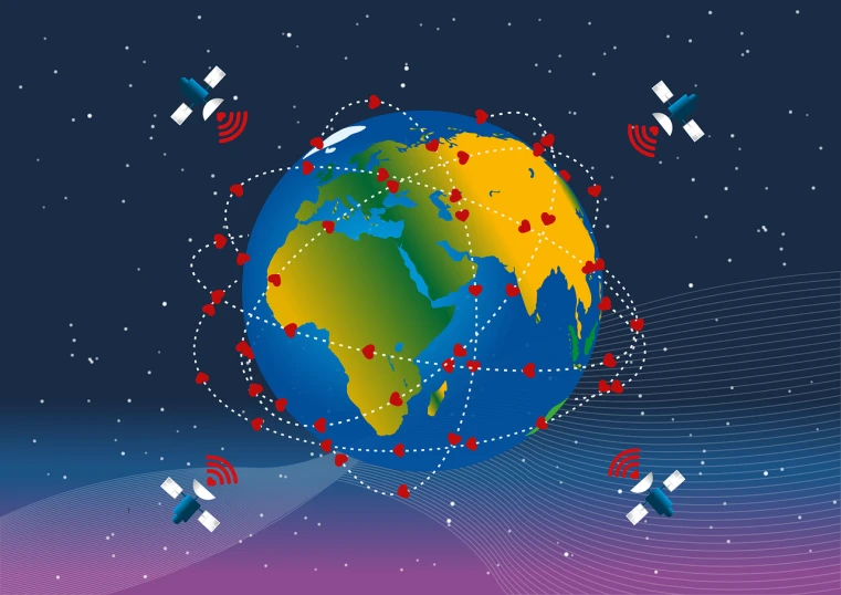 a picture of the earth with satellites around it, an illustration of, full color illustration, antenna, dot, courful illustration