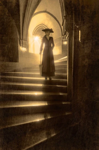 a woman with an umbrella walking down a set of stairs, a detailed matte painting, inspired by Carl Spitzweg, tonalism, noir detective and a fedora, portrait of female sorcerer, the librarian, high res photo