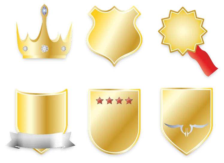 a set of gold shields with stars and a crown, pixabay, sharp metal crest, [ shards, liquid metal, gold belt