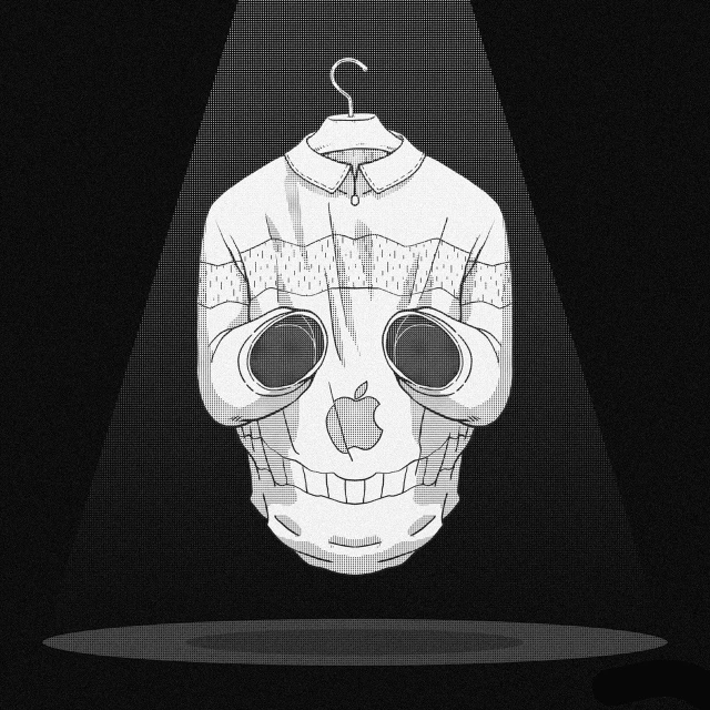 a black and white drawing of a skull wearing a sweater, a cartoon, by Andrei Kolkoutine, trending on behance, digital art, an apple, hanging, clothes from the future, apple design