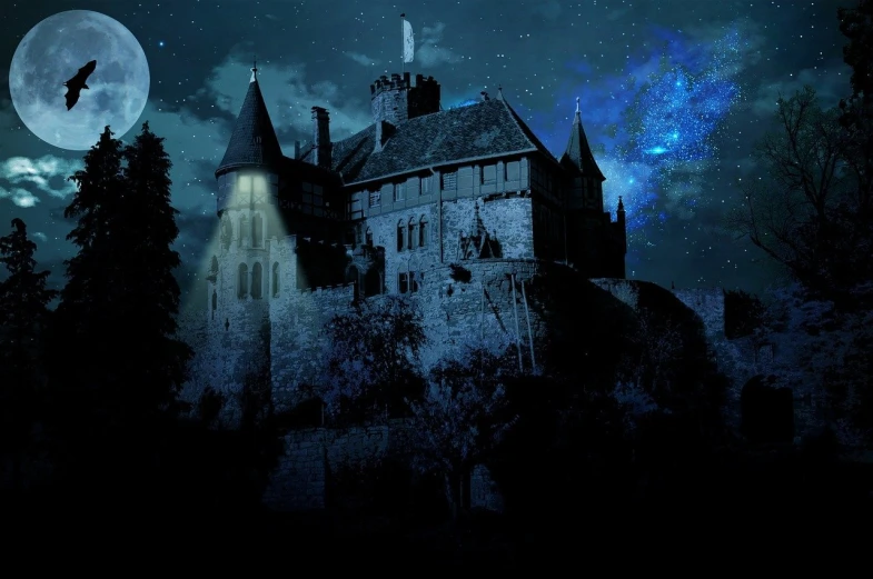a castle at night with a full moon in the sky, inspired by Hugo Simberg, shutterstock, mysterious exterior, high definition screenshot, edited, mystery and detective themed